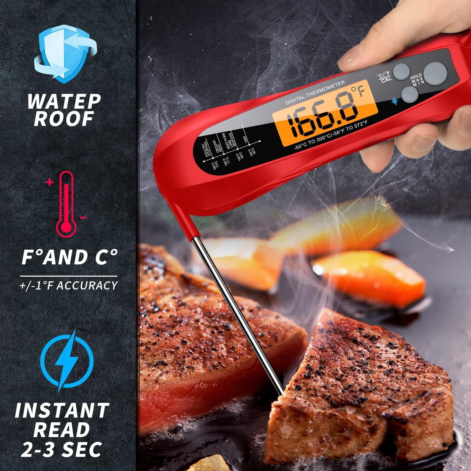 NIUTA Meat Thermometer Digital, 1 Sec Instant Read Thermometer, NIST Certified ±0.5°F Digital Food Thermometer, Waterproof Kitchen Thermometer for Cooking, Grill, BBQ, Smoker, Oven