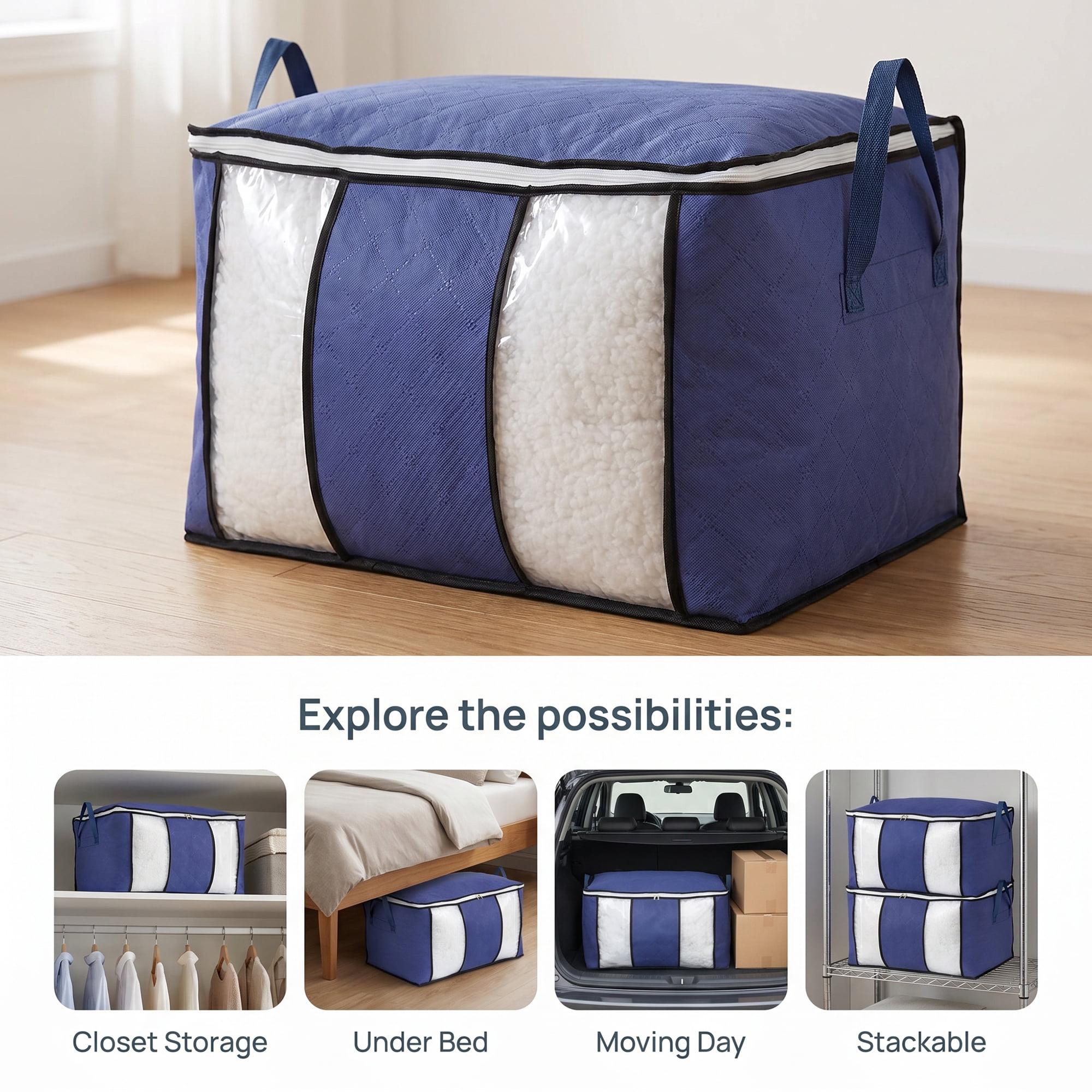 Unique Bargains Dustproof Moving Sack Side Handle Quilt Storage Bag Blue 23.6" x 15.7" x 13.8"