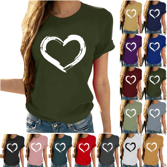Odbmxy Summer Tops for Women Short Sleeve Womens T Shirts Valentines Casual Heart Print Holiday Tops