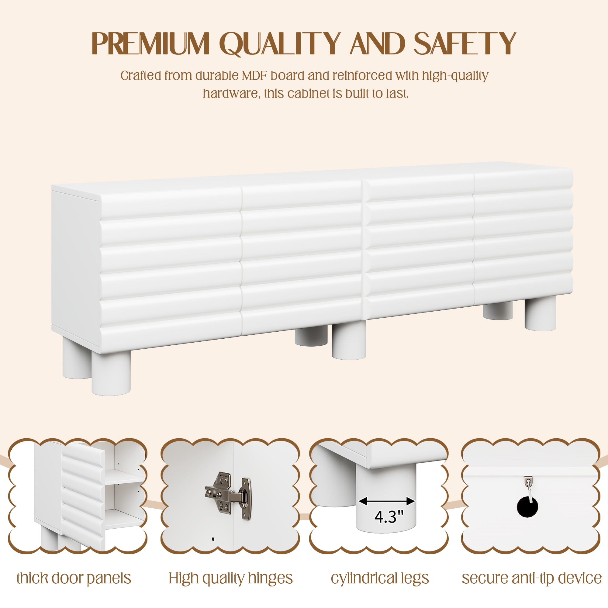 Miniyam Stylish Thick Wavy Door TV Cabinet with Adjustable Shelves & 4 Cabinets for TVs Up to 75", Solid Media Console with Cylindrical Legs and Cable Holes for Living Room, White