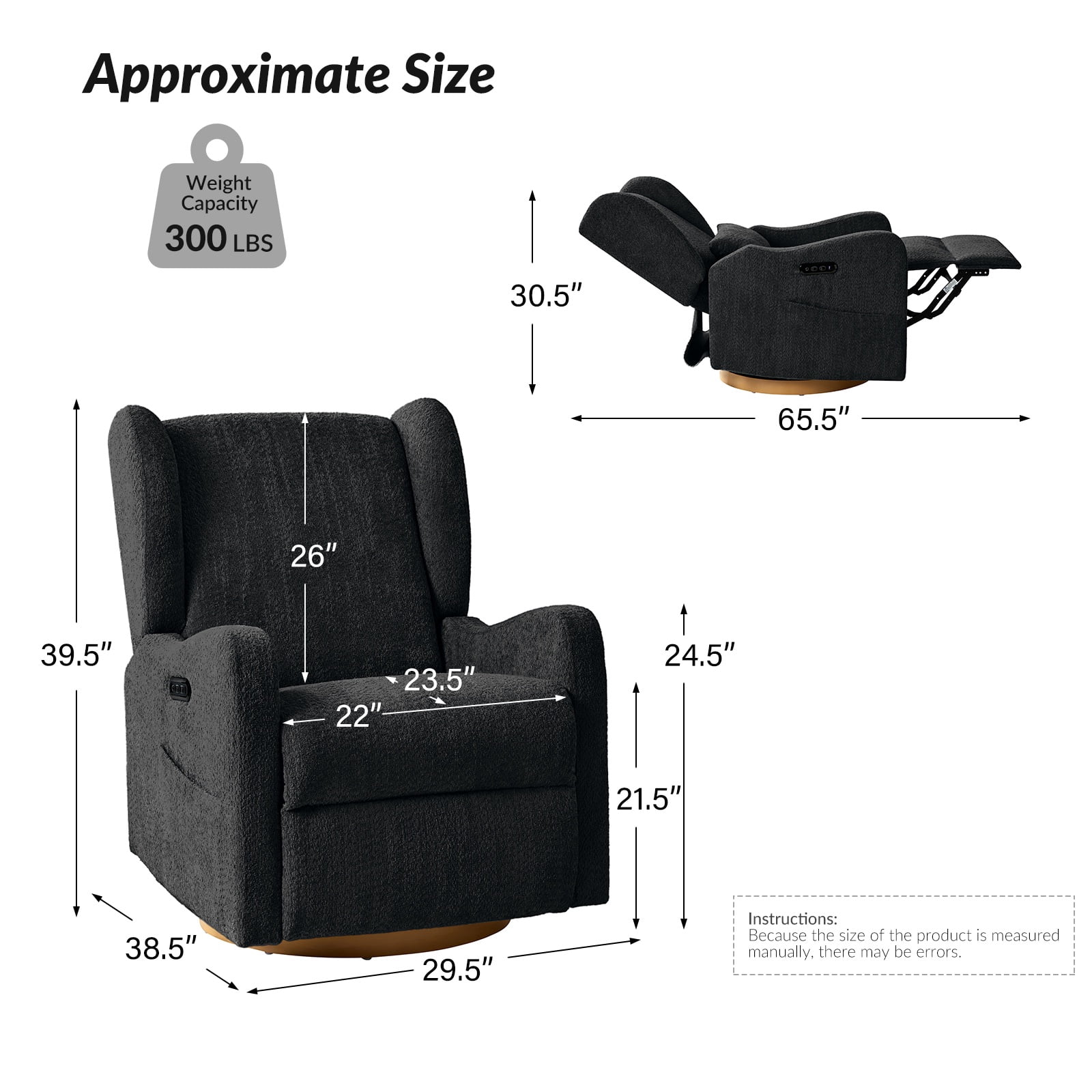 Tina's Home Electric Power Glider Swivel Nursery Recliner Chair Wingback with USB, Waterproof Stain-resistant for Baby Feeding & Living Room Black