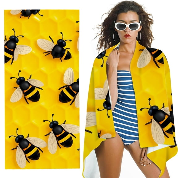 RKSupls Honeycomb Bee Pattern Microfiber Beach Towel, Extra Large Quick Dry Lightweight Absorbent Towel for Travel Swimming Camping, Soft Super Absorbent- 30x60 in