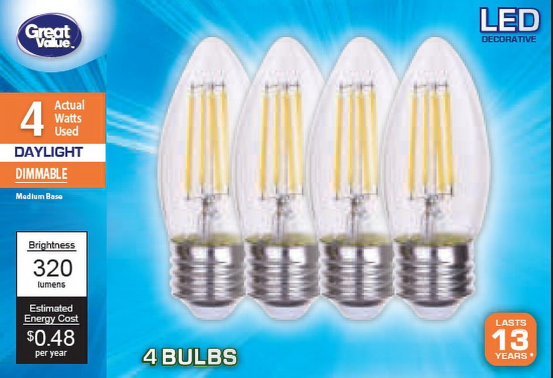 Great Value LED Decorative Bulbs, 4W, Daylight, 4 Count