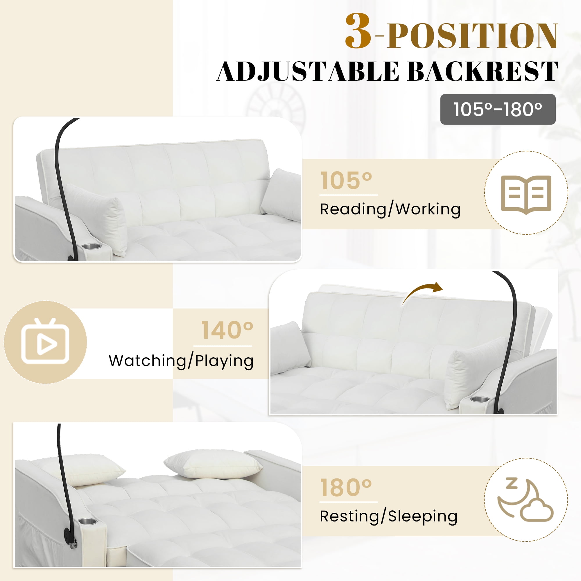 Dinosisco 3-in-1 Convertible Loveseat Sleeper, 55" Futon Sofa Bed with Phone Stand, USB, Beige Velvet