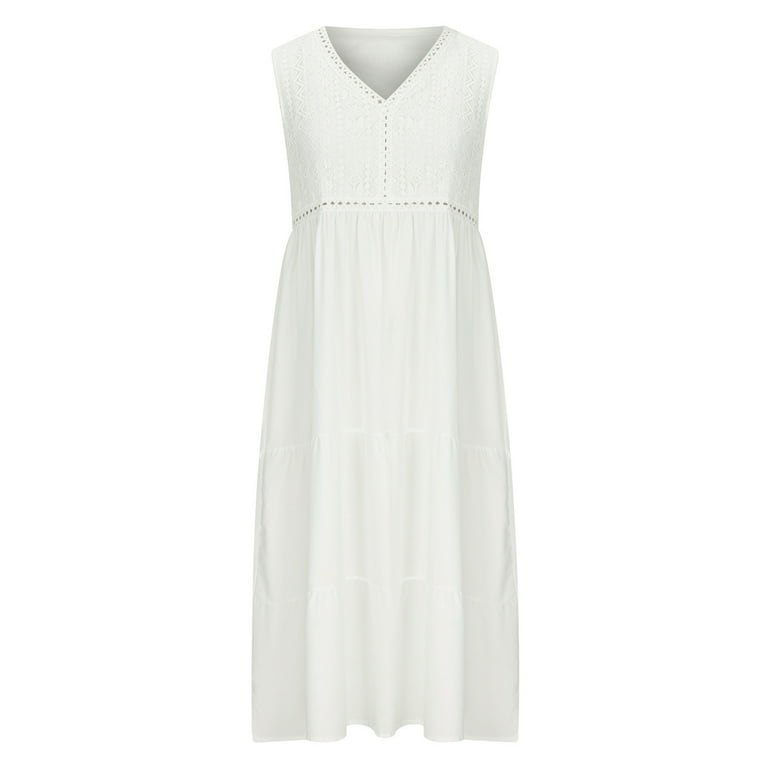 QUYUON Womens White Midi Dress Ladies Summer V-Neck Sleeveless Lace Tank  Dresses Loose Casual Pleated A-Line Wedding Guest Dress Female Evening  Party Bride Dress Style D-6311 White M - Walmart.com