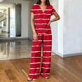 thumbnail image 4 of Ohufall Women's Two Pieces Sets V Neck Short Sleeve Loose Tops + Wide Leg Pocket Lounge Pants Striped Sets, 4 of 5