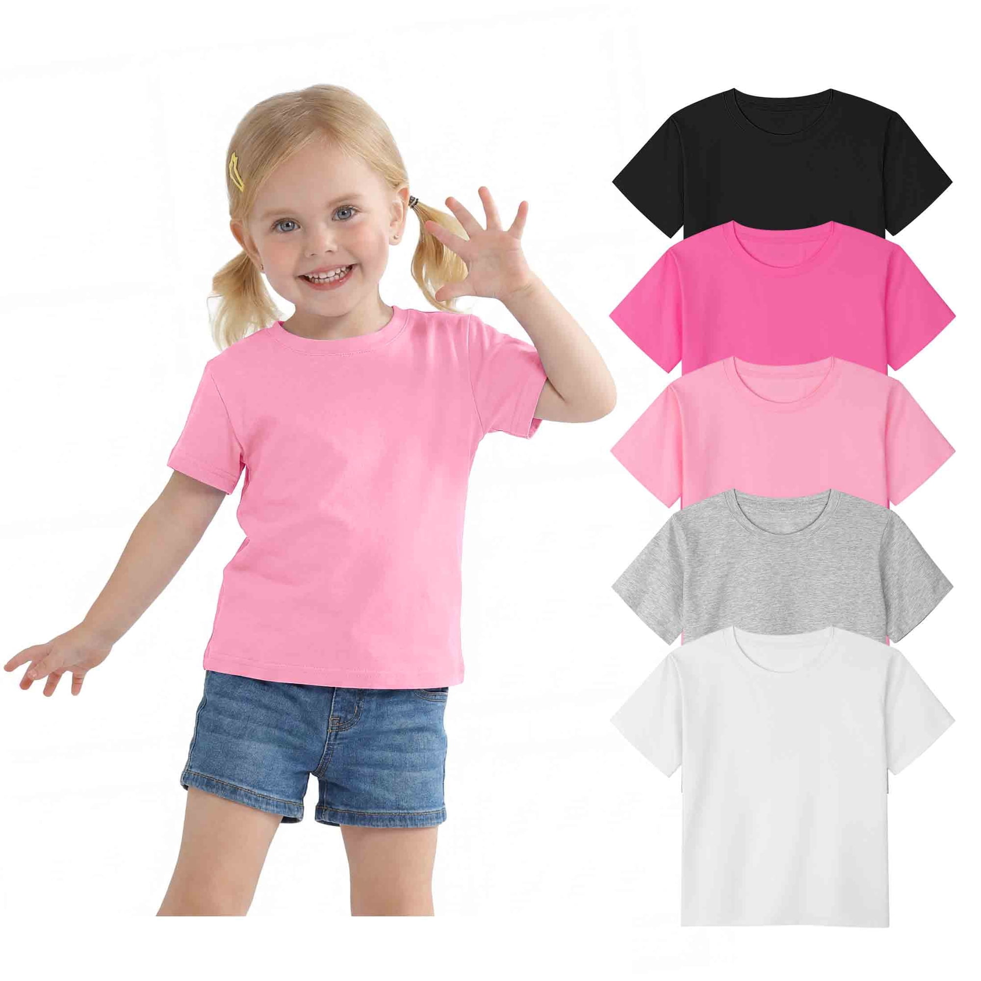 Poroka 5 Pack Toddlers Girls Cotton Short-Sleeve T-Shirt Summer Toddlers Girls Solid T-Shirt with Round Neck