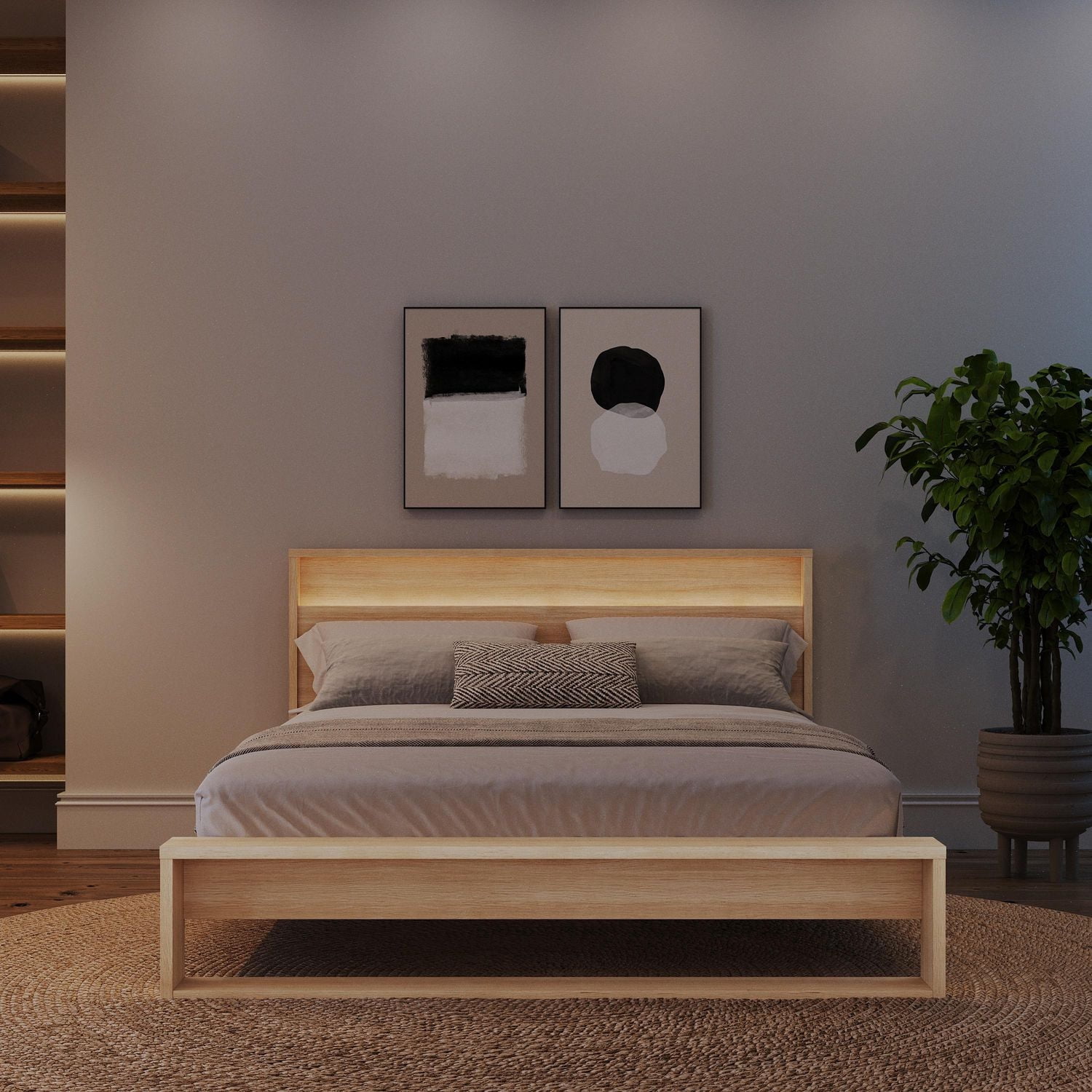 Gael Queen Size Bed Set with Slatted Bedframe and Headboard with Integrated Light
