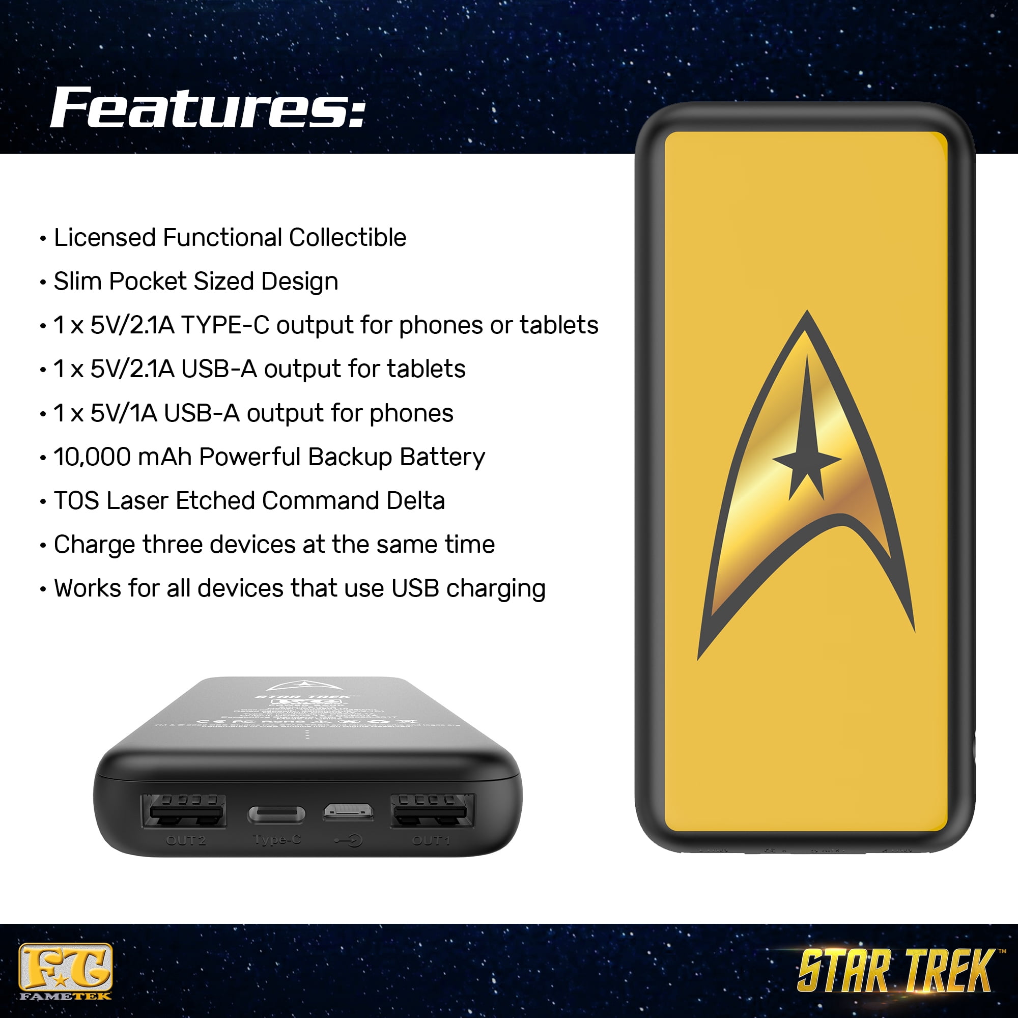 Star Trek Phone Charger | Slim Pocket Sized 10,000mAh Power Bank with TOS Command Logo, 3 USB Outputs, 2.1A & 1A, Charges Three Devices, USB-A and Type-C Charging, Phone and Tablet Backup Battery