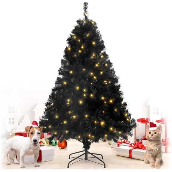 CAPHAUS 4.5 Feet Artificial Black Christmas Tree w/ 362 Tip Count, 175 LED Lights, Pre-Hinged, with Metal Stand, Black Flat Shaped Leaves, for Indoor, Office, Party, Holiday Decoration