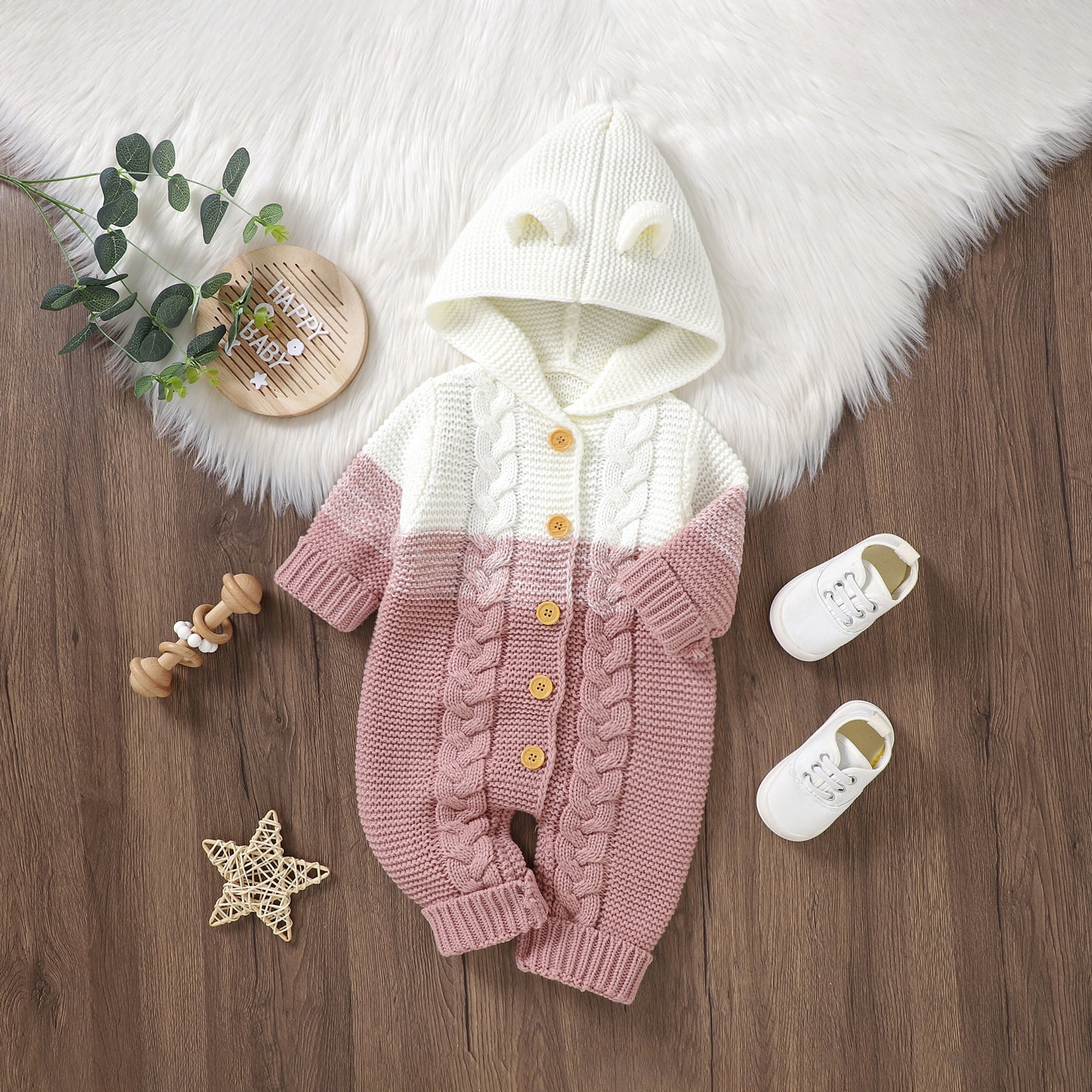 FYMNSI Newborn Baby Girl Boy Hooded Romper Infant Button Down Knitted Jumpsuit Fall Winter Clothes 0-3 Months Pink