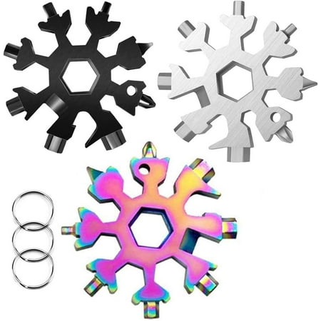 3Pcs-18 In 1 snowflake multitool-Stainless Steel Snowflake Keychain Tool- Portable Stainless Steel Screwdriver Bottle Opener Snowflake Multitool with Key Ring Carabiner(3Pcs Black Silver Colorful)