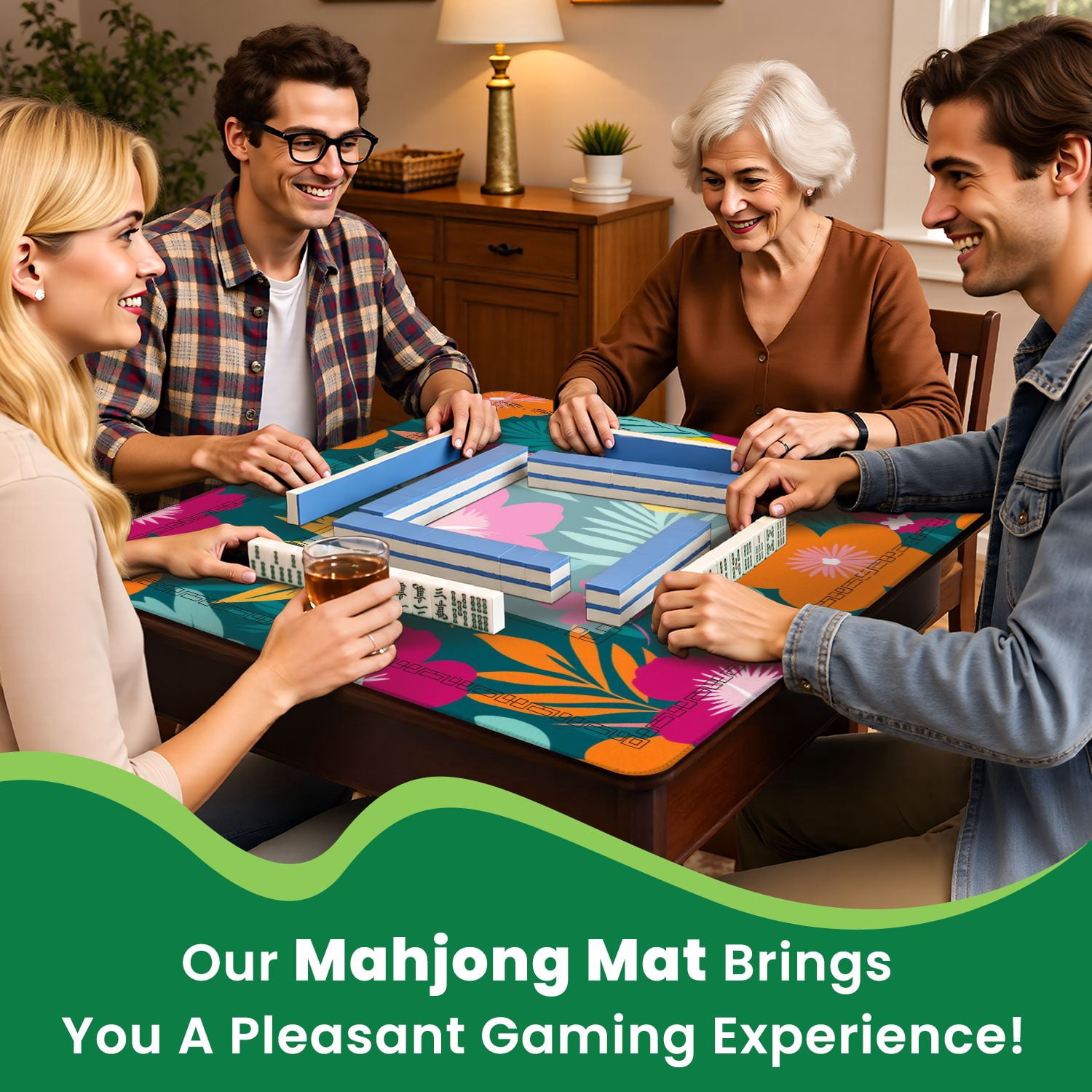 Mahjong Mat 31.5" x 31.5" Colorful hibiscus flower tropical leaf seamless design for summer Non-Slip Noise Reduction American Mahjong Tiles Table Cover for Dominoes Poker Card Board Games Gift