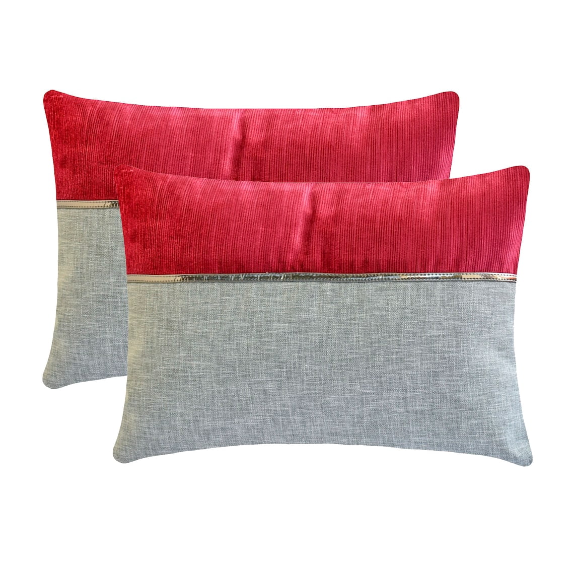 The HomeCentric Decorative Lumbar Pillow Cover Red & Grey, 12"x22" (30x55 cm) Linen Patchwork, Corduroy, Linne Oblong Pillow Cover, Patchwork Modern Style - Berry Bliss Red