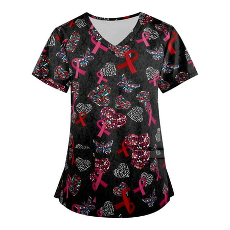 

QWERTYU Casual Scrubs Top for Women Professionals Holiday Uniform Working V Neck T Shirt Graphic Pockets Nursing Scrubs Wine 3XL