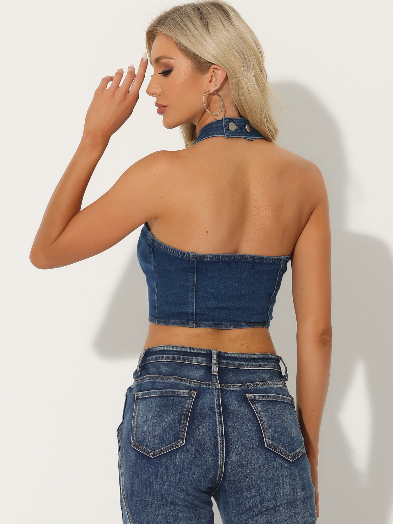 DARING DIVA Women's Button Front Halter Denim Crop Tank Tops L Dark Blue