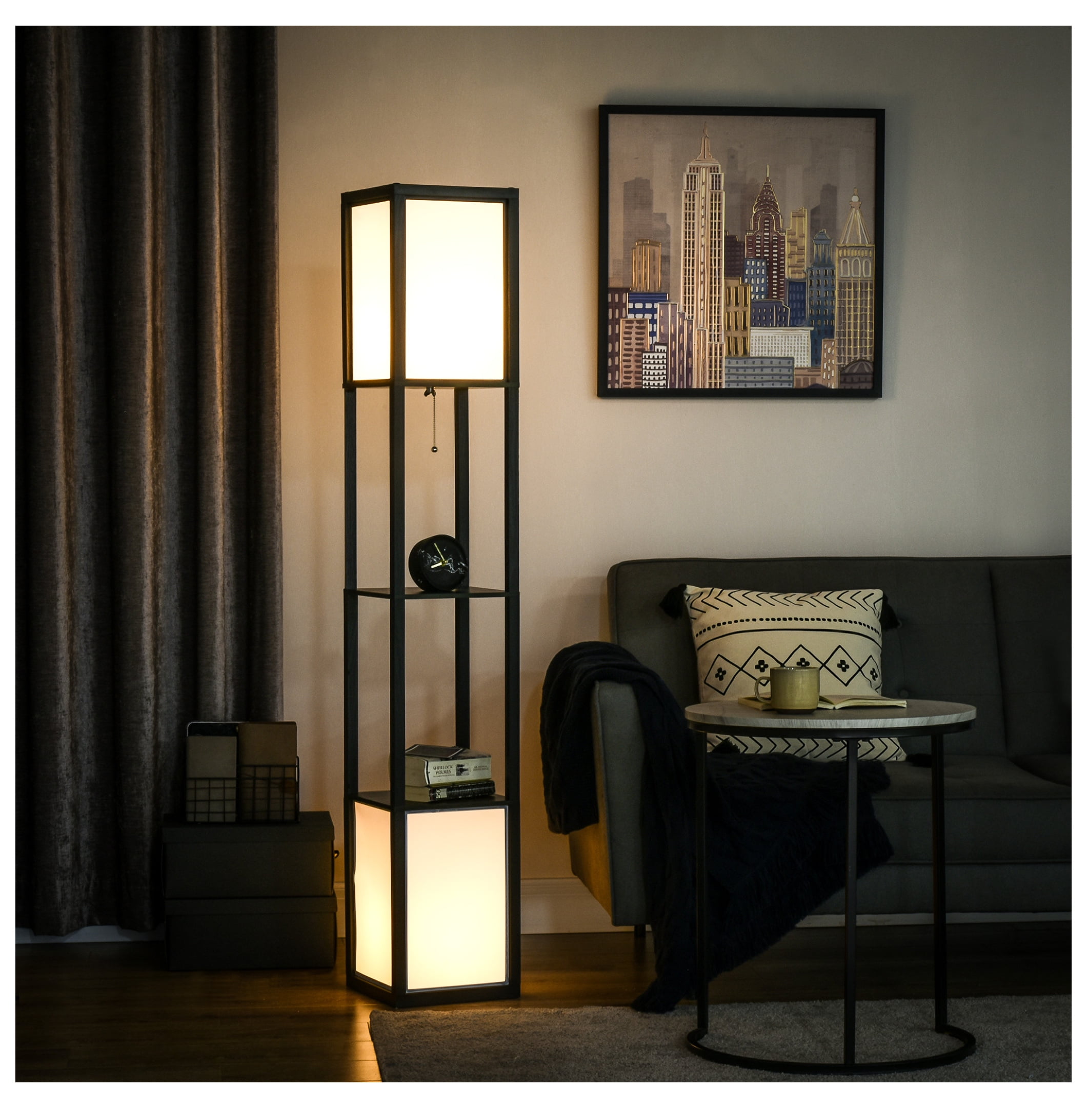 HOMCOM Modern Floor Lamp with Shelves & Dual Ambient Lighting, Tall Standing Lamp for Living Room, Bedroom with Fabric Lampshade (Bulb not Included), Black