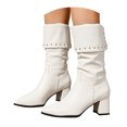thumbnail image 3 of UngA Women Mid Calf Boots Chunky Low Heel Riding Booties Motorcycle Biker Round Toe Fashion Buckle Western Booties Trendy Stylish Boots Women White,Size 9.5, 3 of 7