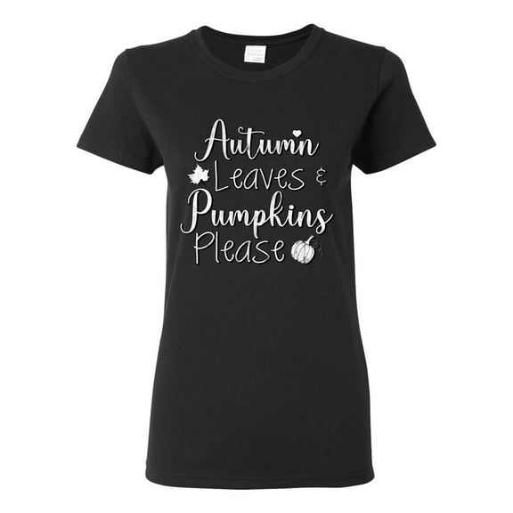 Wild Bobby Autumn Leaves and Pumpkins Please Black and White Distress Filter Halloween Women Graphic Tee, Black, Small