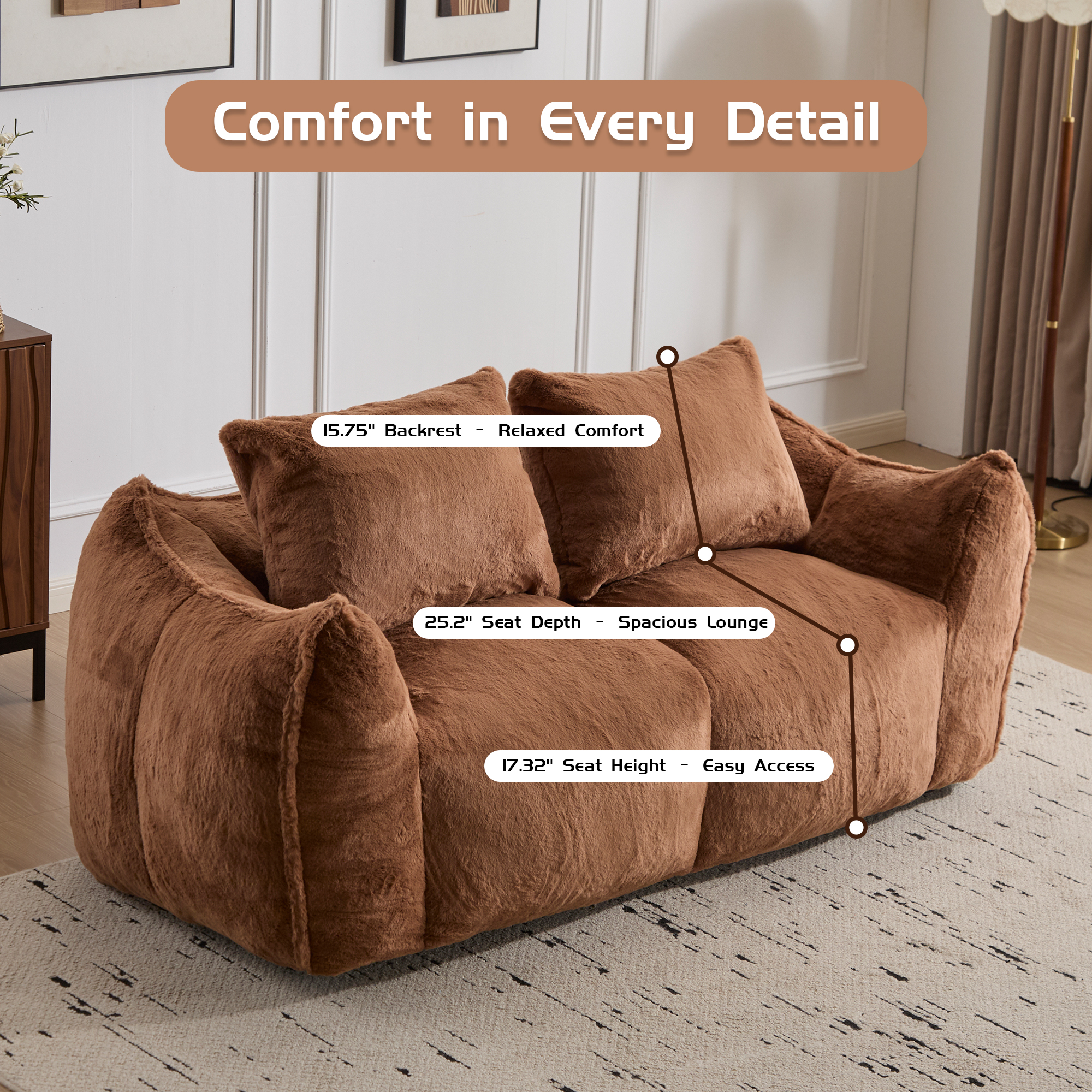 Aukfa Faux Fur Loveseat, 25" Deep Seat Giant Bean Bag Sofa for Living Room, Brown