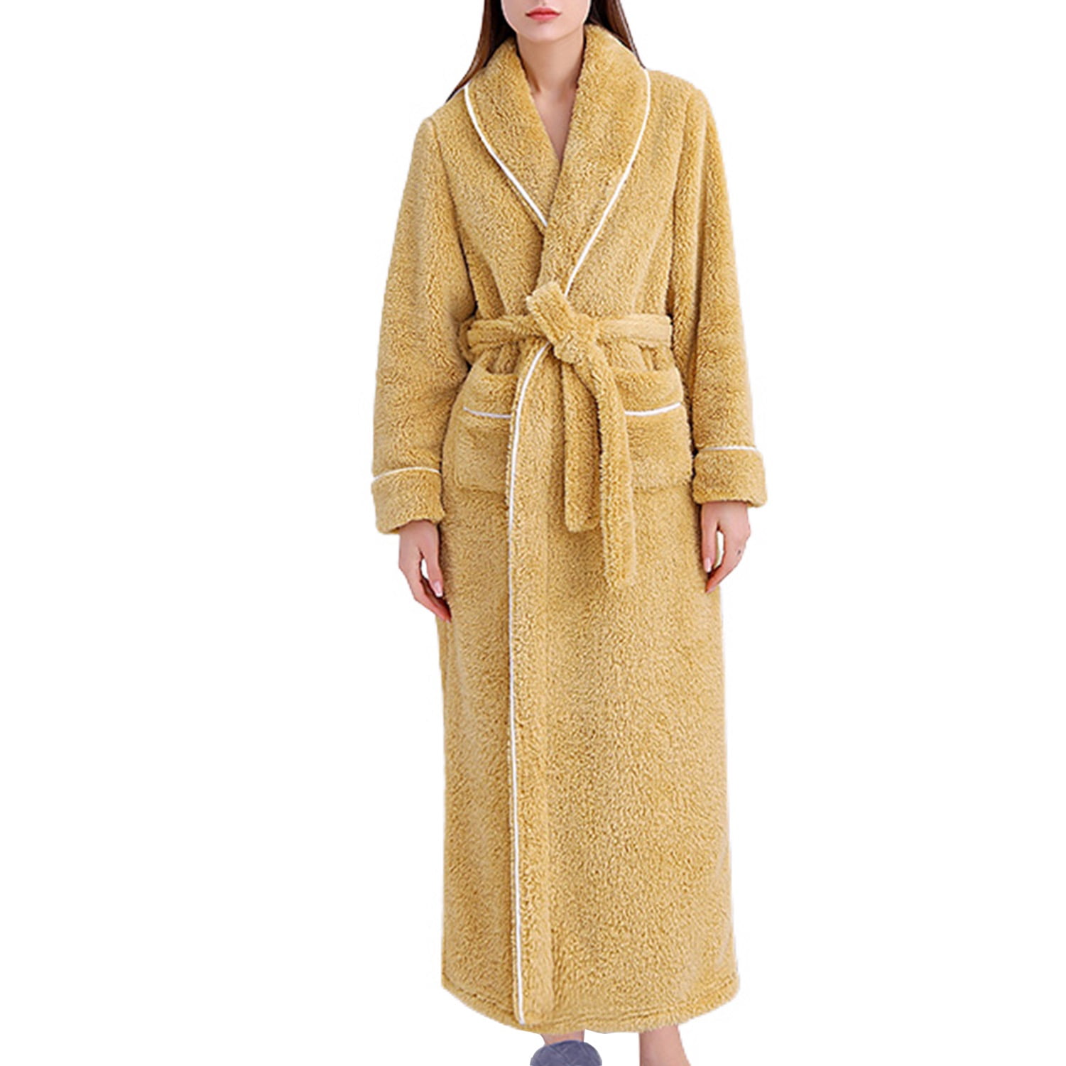 Homgro Women's Terry Cloth Robe Winter Cozy Long Sleeve V Neck Shawl Collar Plush Long Bathrobe