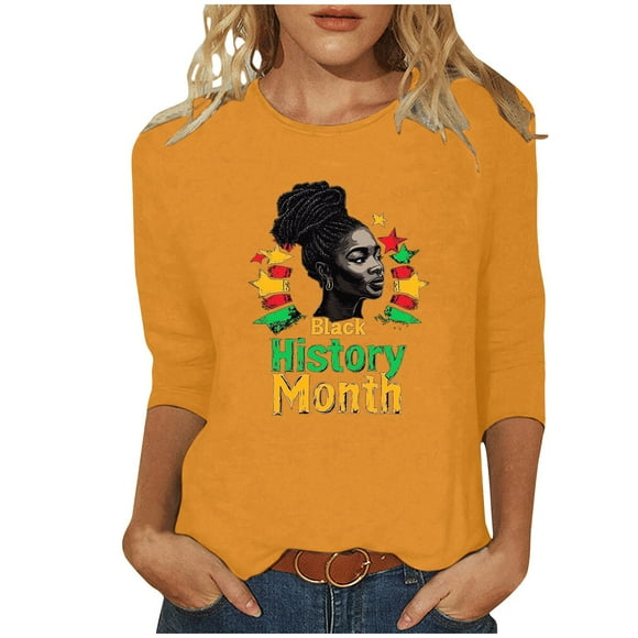 ZVAVZ Henley Shirts for Women,Ladies Black History Month T Shirts 3/4 Length Sleeve O-Neck Shirts Pride African American T-Shirt Flash Deals of The Day Clearance Orange L