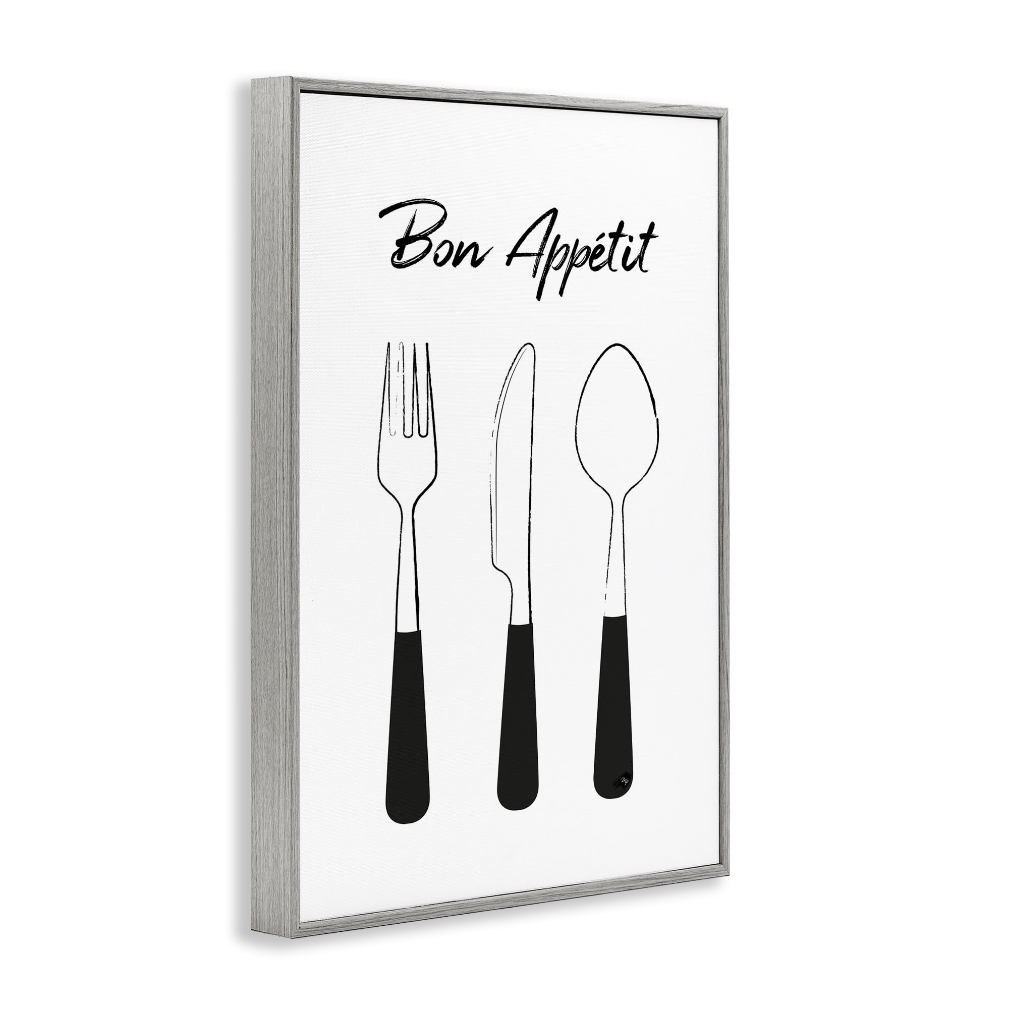 Stupell Industries Bon Appetit Fork Knife Spoon Gray Framed Giclee Art, design by Martina Pavlova