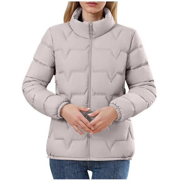 LEBONYARD Women's Trendy Zip-Up Hoodless Stand Collar Short Length Down Jacket Long Sleeve Solid Colored Pocket Ladies Winter Warm Puffer Jacket Coat