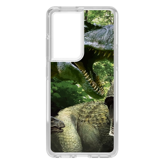 DistinctInk Clear Shockproof Hybrid Case for Galaxy S21 ULTRA 5G (6.8" Screen) - TPU Bumper, Acrylic Back, Tempered Glass Screen Protector - T-Rex Dinosaurs Raptor