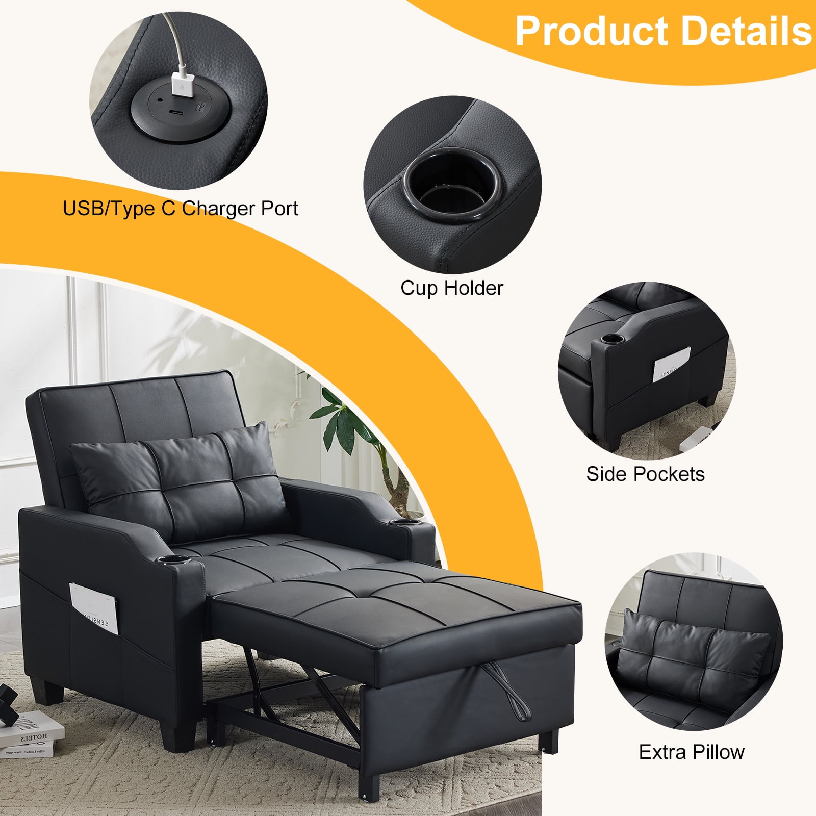Ktaxon Sleeper Sofa Bed Convertible Chair Tech Fabric 3-in-1 Futon Sofa with Lumbar Pillow for Living Room Bedroom Office Apartment Furniture Black