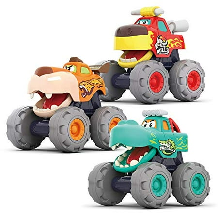 Monster Trucks Gift Set - 3 Trucks with Pull Back  Friction Power and Free Wheel Function - Baby and Toddler Toy Cars with Fun Animal Theme - for 12+ Months