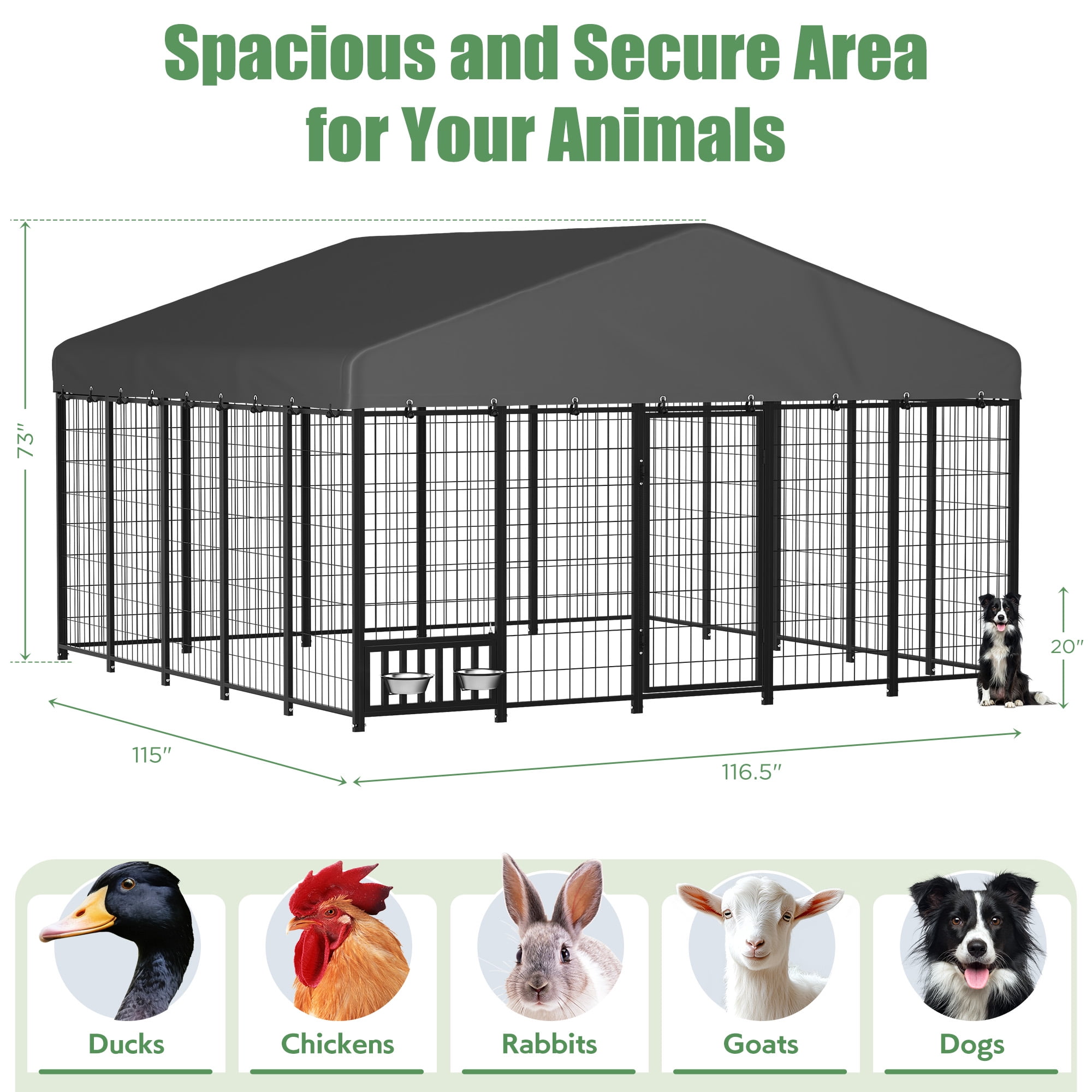 YODOLLA 10x10FT Outdoor Large Dog Kennel with Waterproof Cover, Heavy-Duty Steel Pet Enclosure with Secure Lock & Feeding Bowl, Spacious Dog Run for Backyard