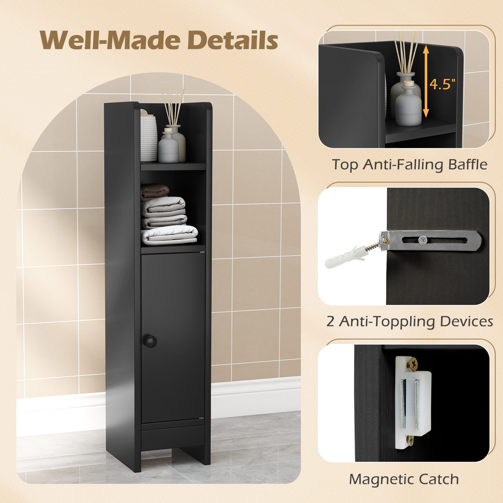 Topbuy Bathroom Storage Cabinet Small Corner Floor Cabinet with Door and Adjustable Shelves Toilet Paper Holder Stand Black