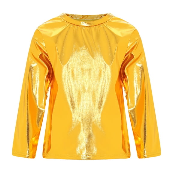 Alvivi Kids Boys Girls Shiny Metallic Hip Hop Dance T-Shirt Long Sleeve Shirts Tee Dancewear Gold 9-10