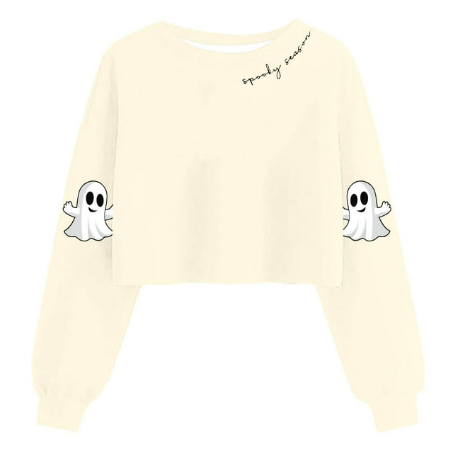 Lcziwo Chandail d'Halloween pour Femmes Court Saison Effrayante Graphique de Fantôme Chandail à Manches Longues Lanterne Col Rond Hauts Tenues Mode Automne 2025 Beige, TG
