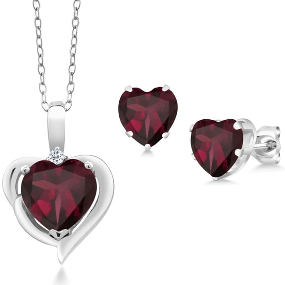 Gem Stone King 925 Sterling Silver Red Rhodolite Garnet and White Topaz Pendant Necklace Earrings Set for Women (3.46 Cttw, Heart Shape 8MM and 6MM, with 18 inch Chain)