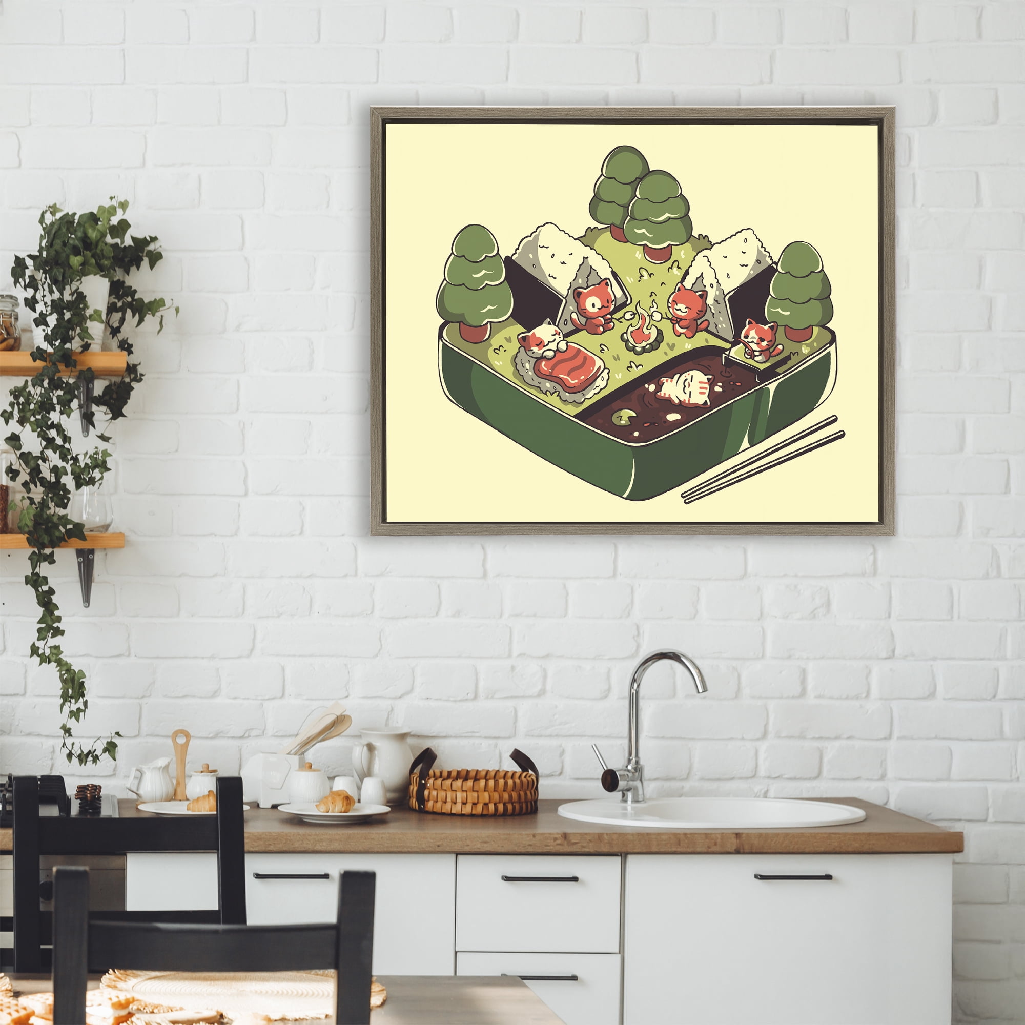 Stupell Industries Kawaii Sushi Camp Bento Brown Framed Floater Canvas Wall Art, design by Tobe Fonseca