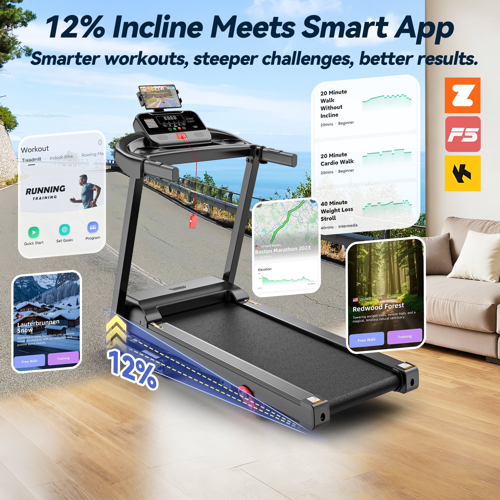 12% Incline Treadmill with Handle, 3.45HP Portable Treadmills for Home, Foldable Treadmills with 340 LBS Capacity, 3-in-1 Quiet Walking Pad Treadmill, 70+1 Programs, APP Control, Knee Gifts