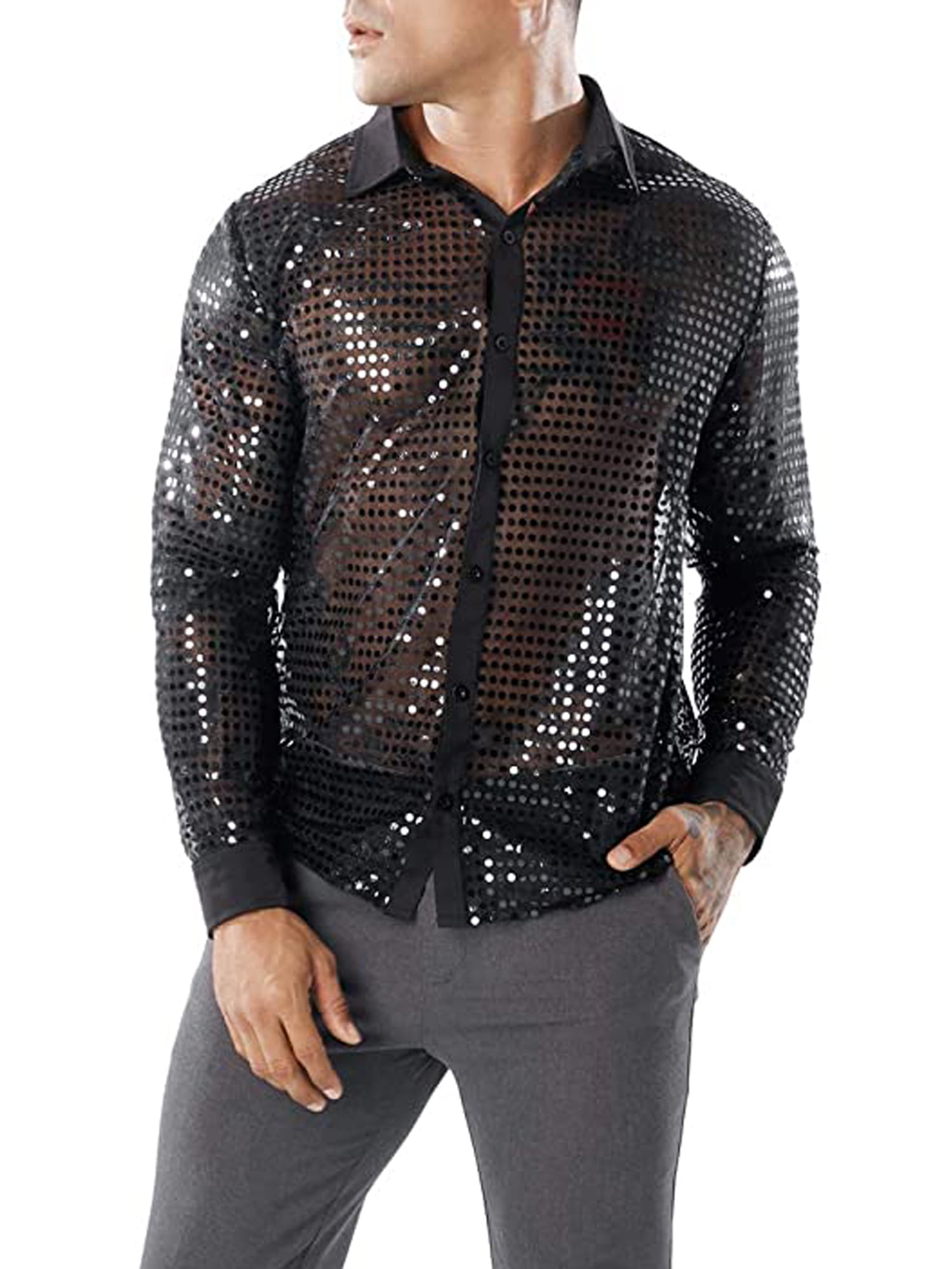 Daupanzees Mens Dress Shirt Short Sleeve Fashion Sequins Luxury Design 70s Disco Shirt Party Costume 