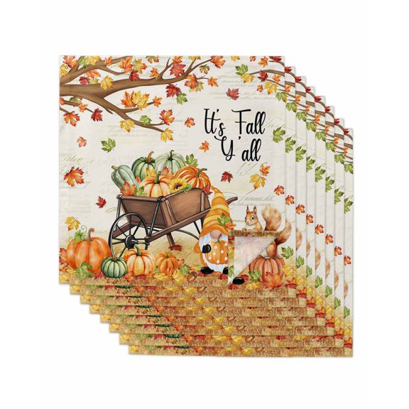 Fall Maple Leaves Cloth Napkins Set of 8 Reusable Dinner Napkins, Thanksgiving Pumpkins Gnomes Rustic Cocktail Napkin Washable Table Napkins for Wedding/Holiday Party/Baby Shower 20"x20"