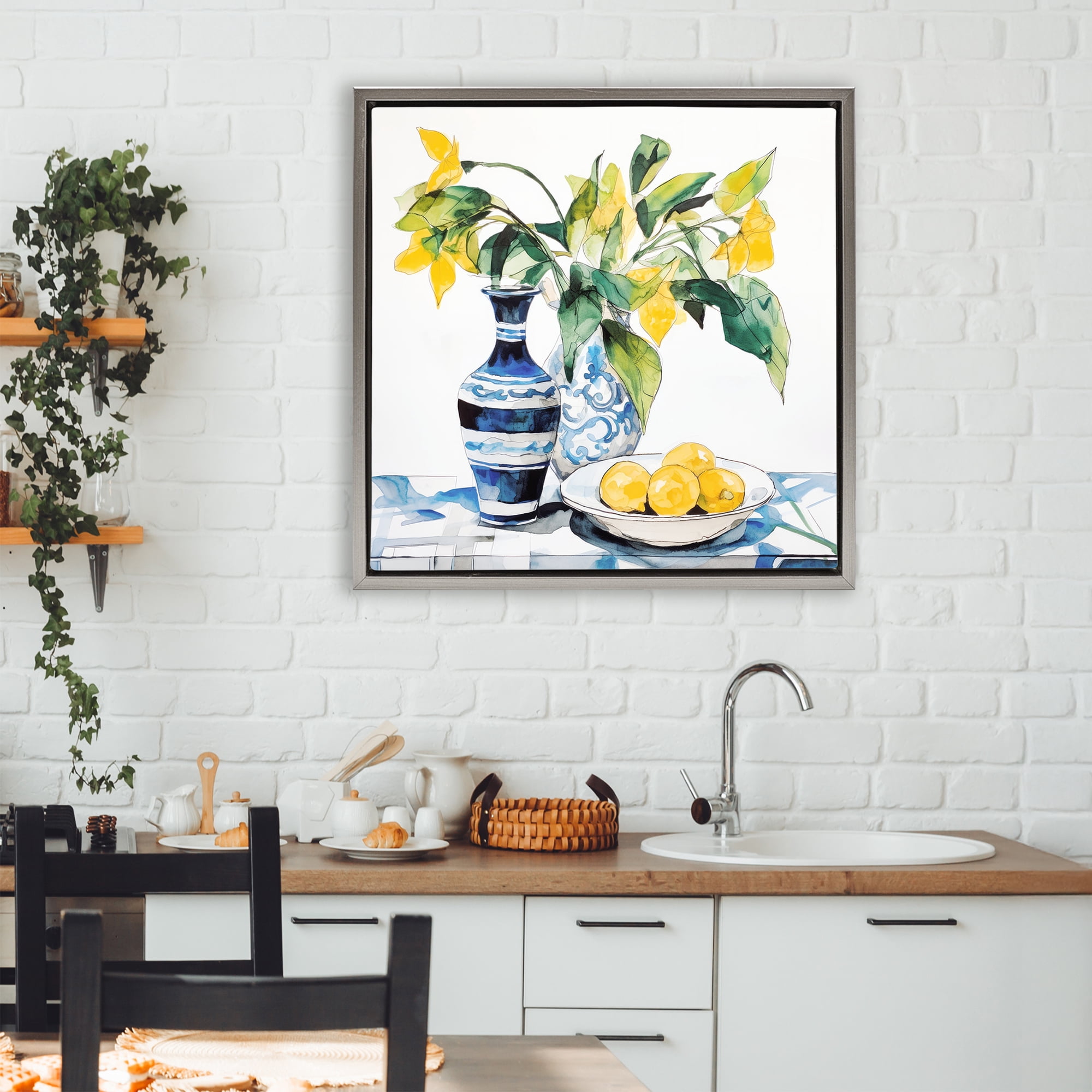 Stupell Industries Lemons & Leaves Table Setting Gray Framed Floater Canvas Wall Art, design by Ray Powers