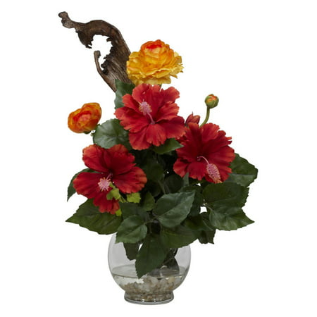 Nearly Natural Hibiscus and Ranunculus with Fluted Bowl Silk Flower