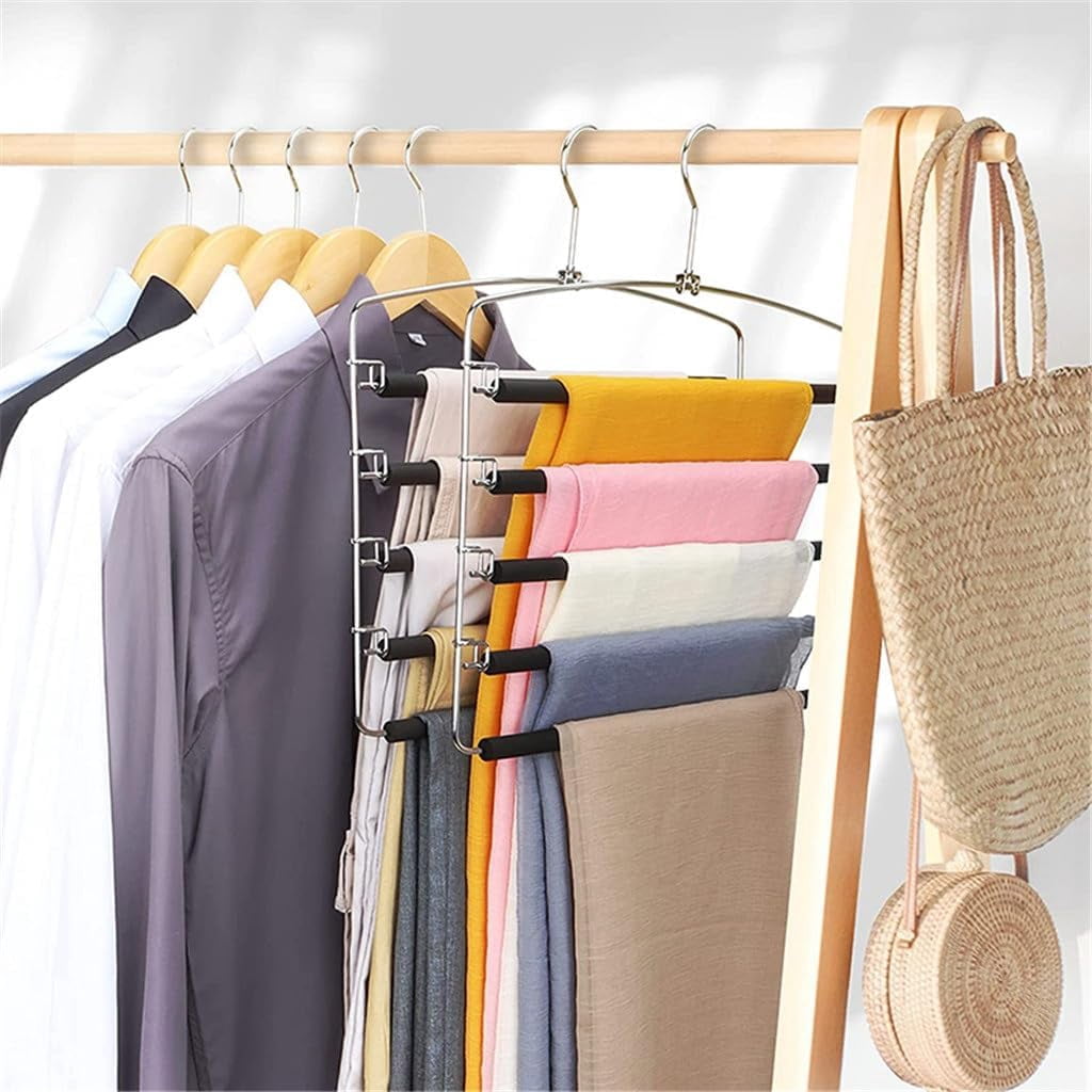 Manss Pants Hangers, Set of 4, 5 Tiers Non-Slip Skirt Hangers, Clothes Hangers with Swing Arm,Space Saving Pants Organizers, for Closet,Black