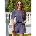 thumbnail image 4 of ValueVibe 2 Piece Lounge Sets for Women Short Sleeve Shorts Outfit Sets Crew Neck Casual Ribbed Pajama Sets with Pockets, Navy L, 4 of 8