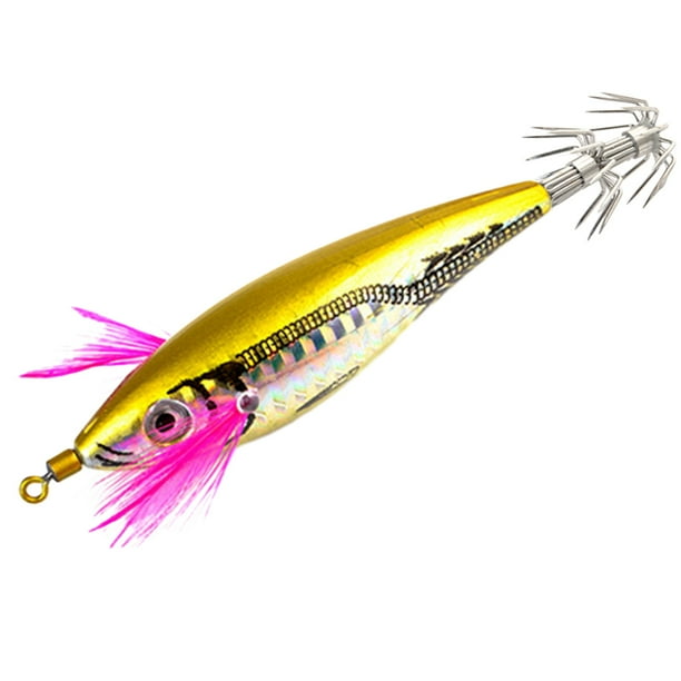 50uds. Señuelo de calamar y camarón de madera, ojos 3D de 7cm con anzuelos, cebo para amantes de la pesca, amarillo