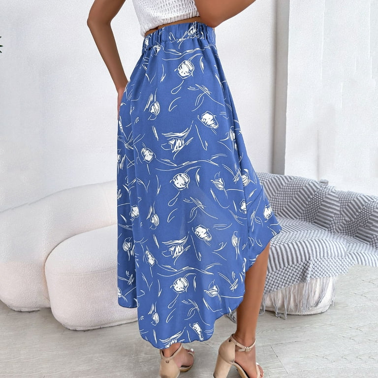 Womens Boho Floral Print Summer Dress Asymmetric Hem Midi Long Skirt Maxi  Skirt High Low Ruffle Slit Casual High Waist Wrap Midi Pleated Skirts Light  Blue M 