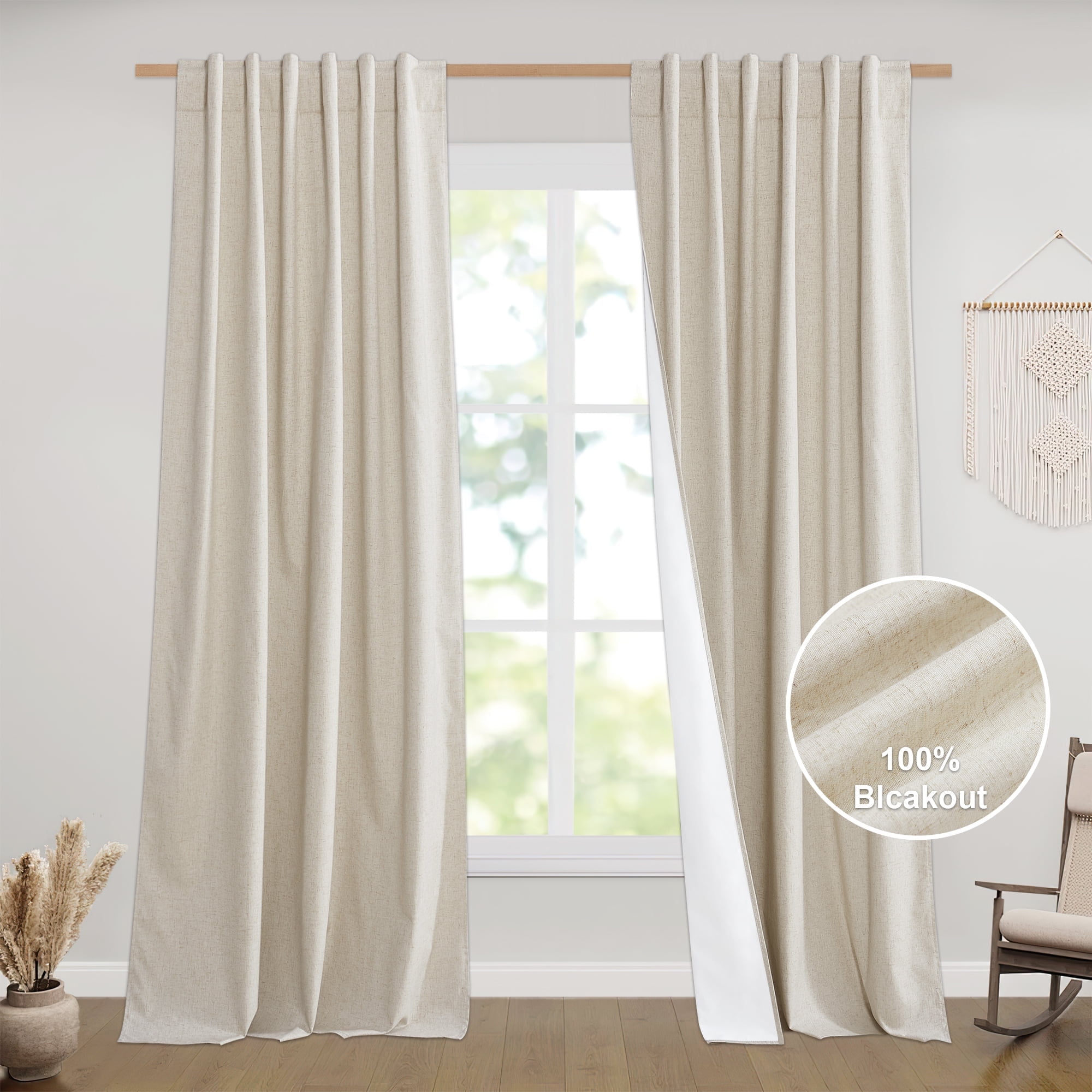 NICETOWN Natural 100% Blackout Curtains & Drapes 95 inches Length 52" Wide for Home Office, 2 Panels, Thick Completely Blackout Linen Window Treatment Panels Neutral Country Farmhouse Curtains