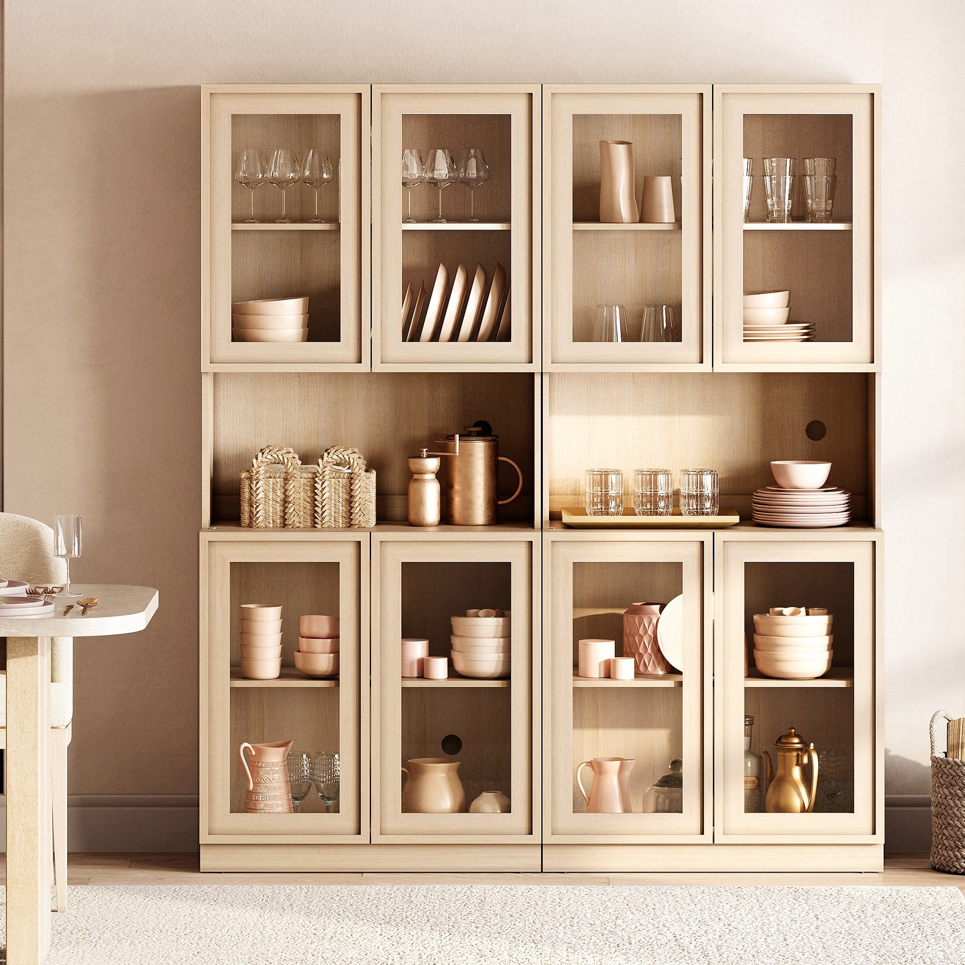 72" Tall Modern Sideboard Buffet Cabinet, Glass Door Storage Cabinet with Adjustable Shelves, Layered Wood Console Cabinet for Dining Room,Living Room, Entryway,Beige