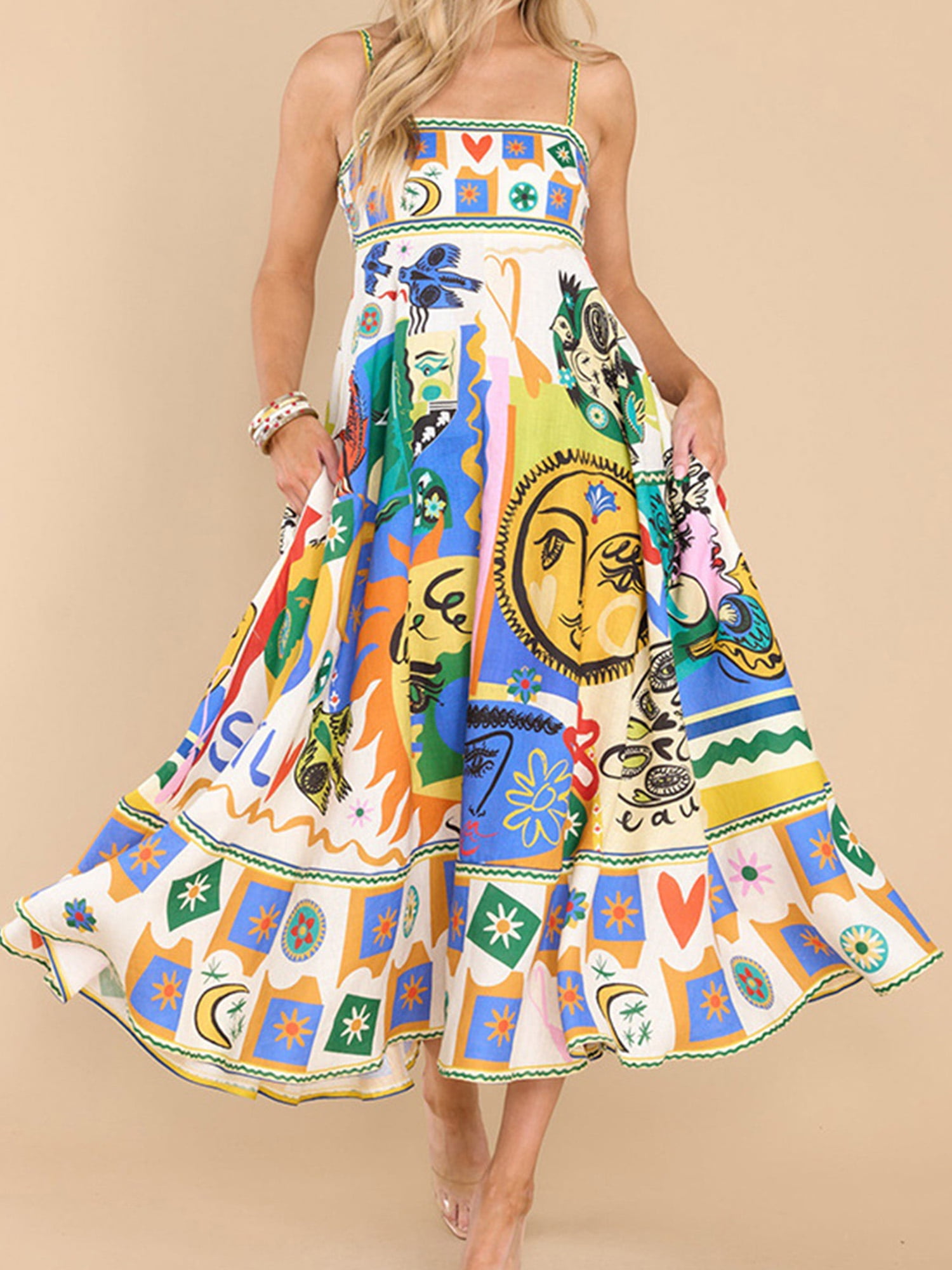 Women Boho Graffiti Cami Long Dress Graphic Spaghetti Strap Flowy Maxi Dress Square Neck Colorful A Line Sundress