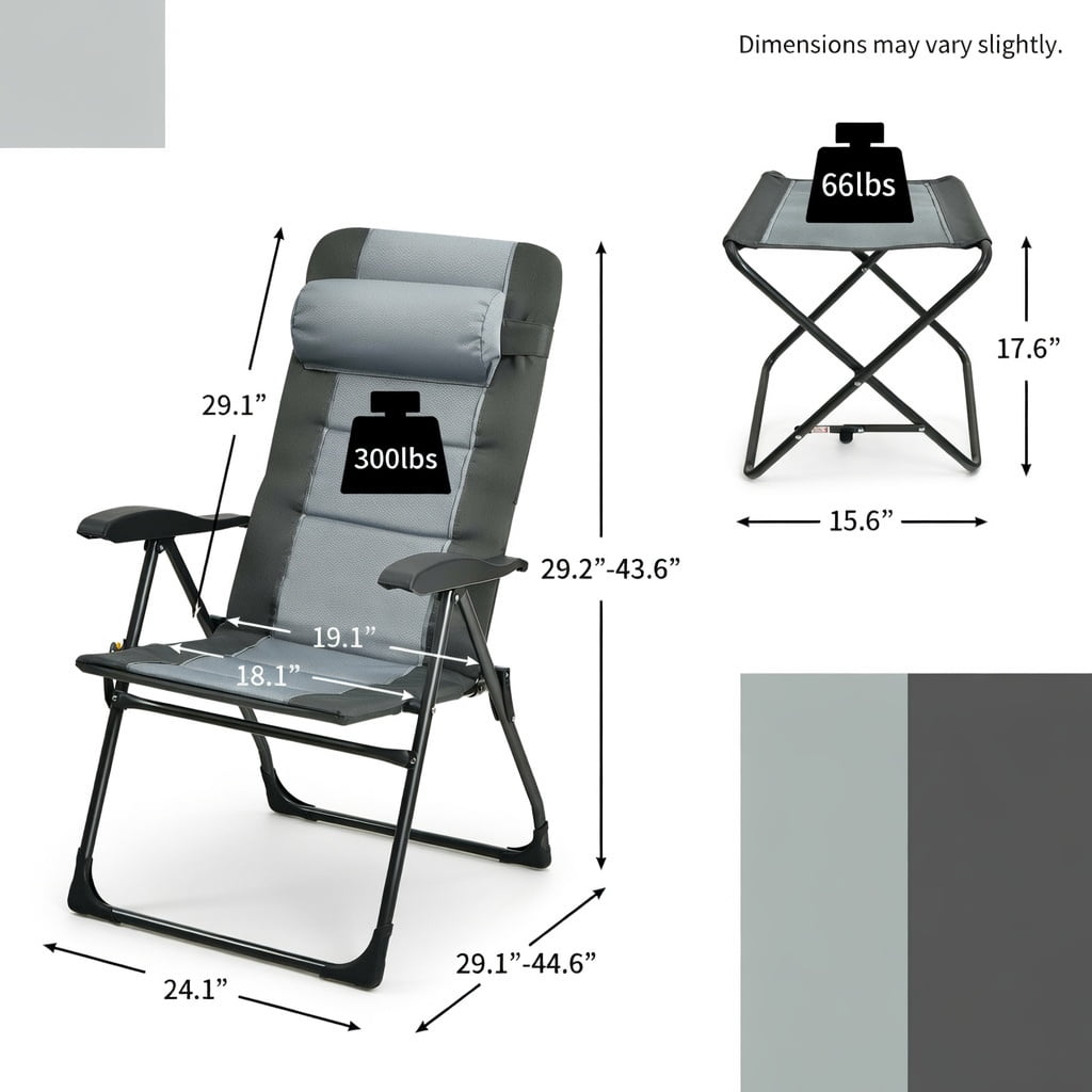 Hommoo Patiojoy 2-Piece Folding Patio Dining Chair Set with Matching Ottomans, Adjustable Reclining Steel Frame, Breathable Oxford Fabric, Outdoor Seating for Deck, Poolside & Lawn, Gray